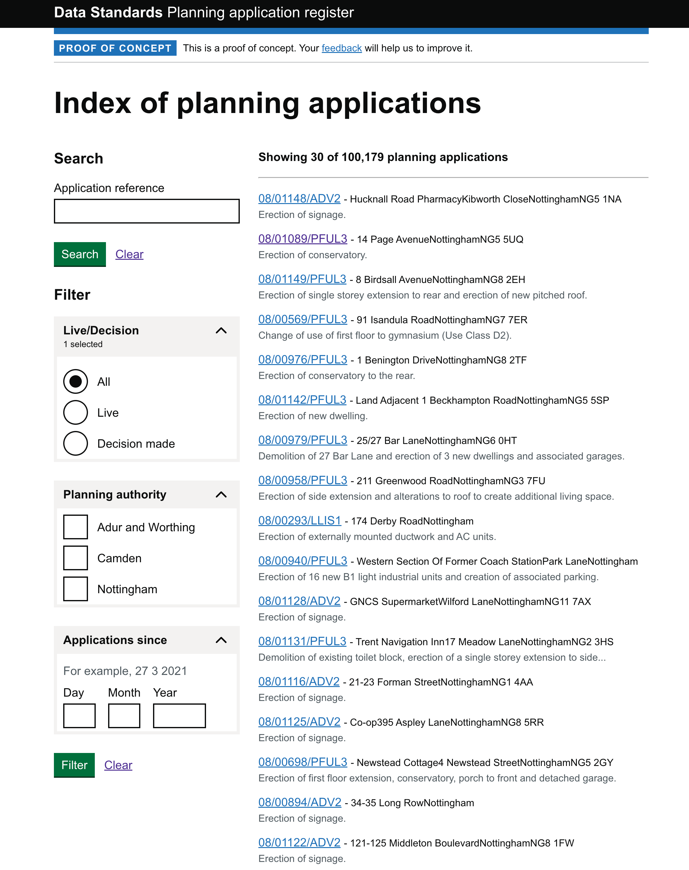 a screen shot of the index of planning application proof of concept