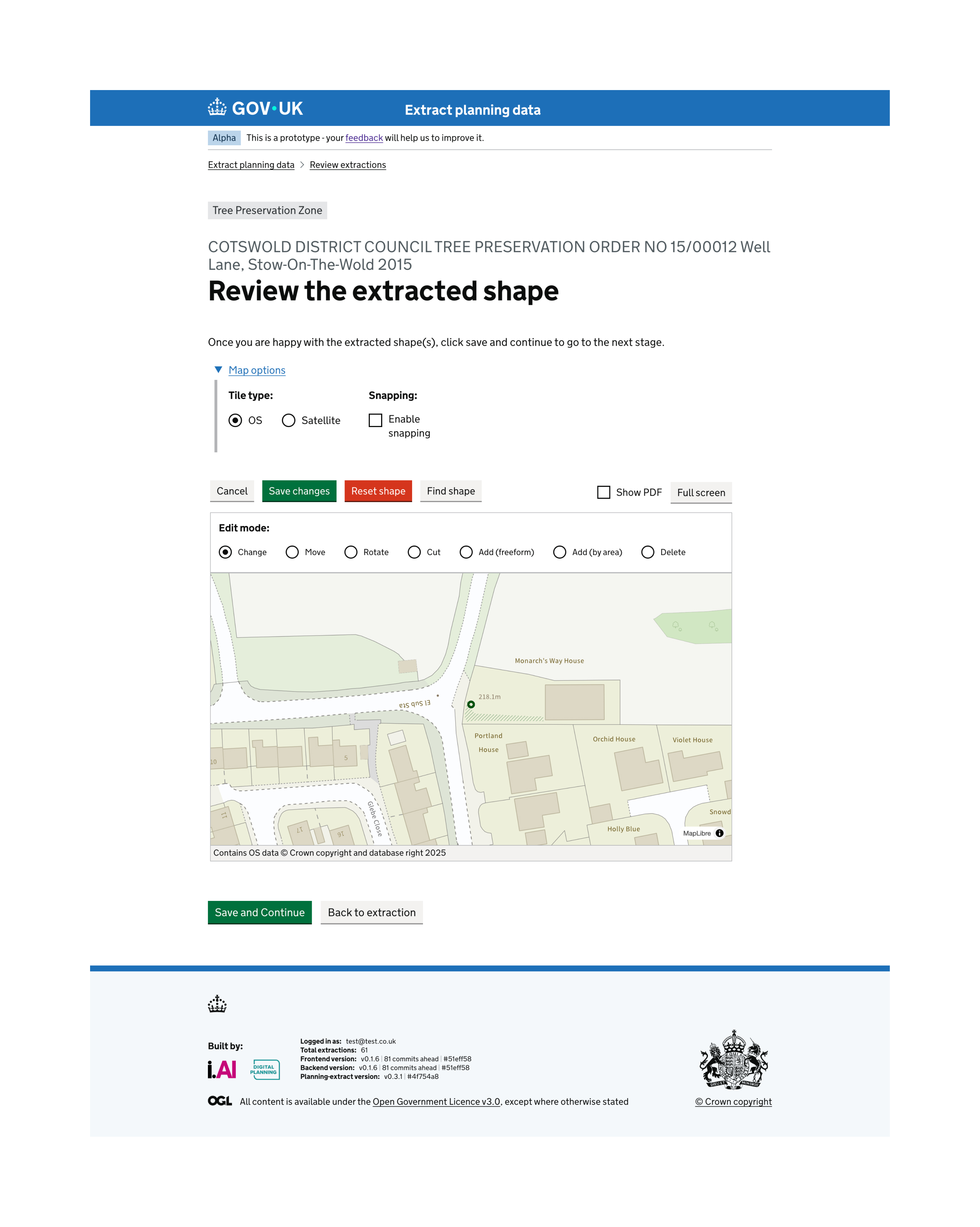 Screenshot of Edit shapes page showing map tools and editing by moving, adding points etc.