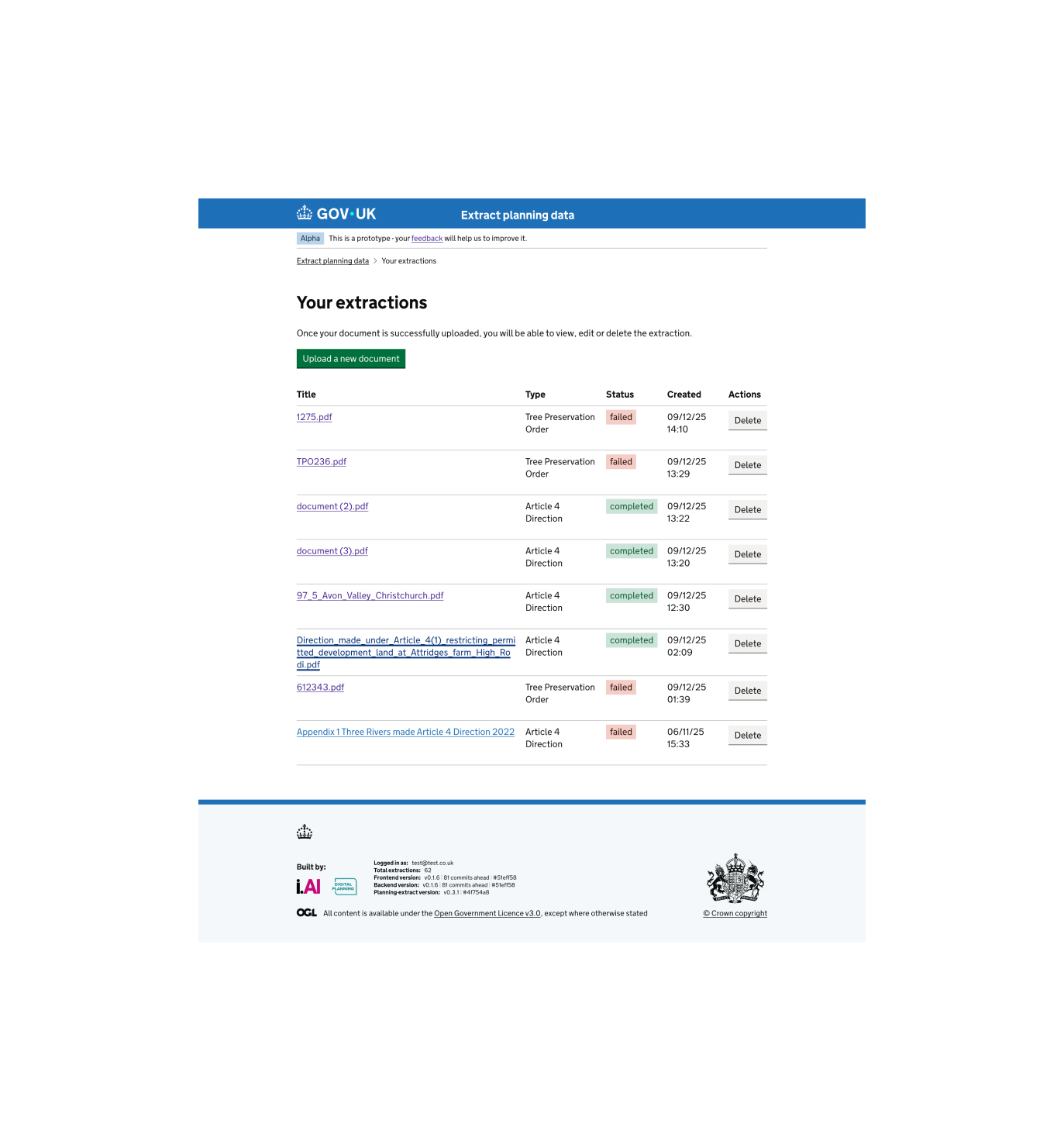 Screenshot of 'previous extractions' page