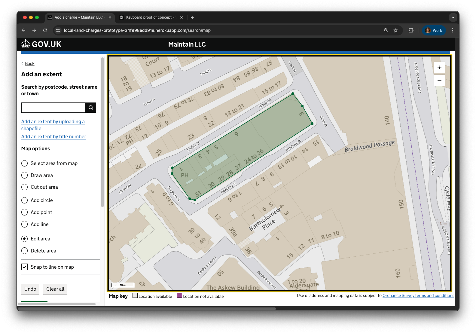 HM Land Registry’s map component includes features our users will find useful, like editing a shape on a map. This screenshot shows their map component displaying a London street map. A sidebar offers options to search by address, draw areas, and edit the map’s features.