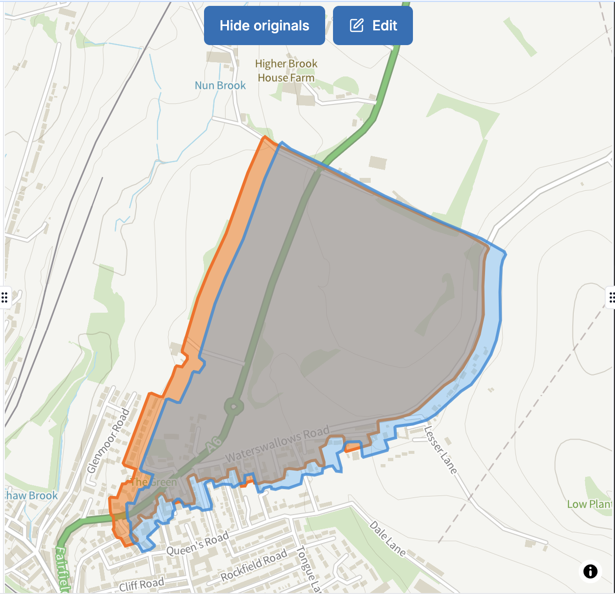 A blue shape and a red shape on a map. The blue shape shows the original extraction, and the red shape shows edits the user has made to the shape.