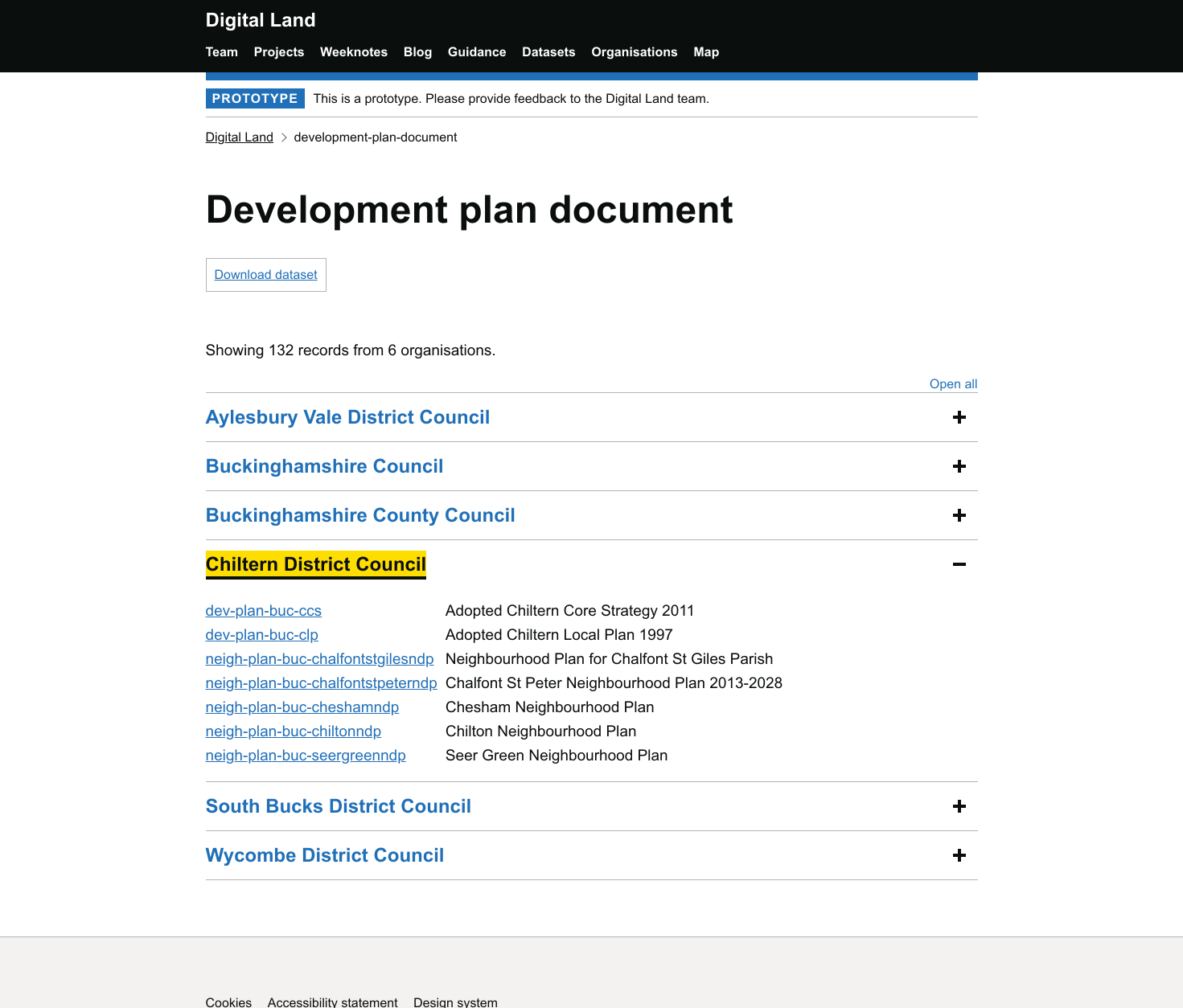 Screenshot of development plan document index page