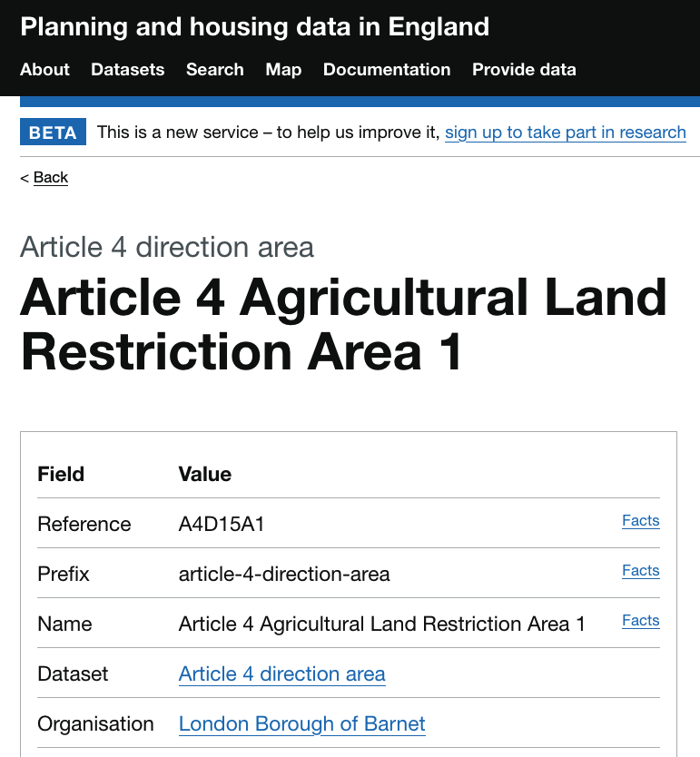 A screengrab of the entity page for our example Barnet Article 4 direction area on planning.data.gov.uk