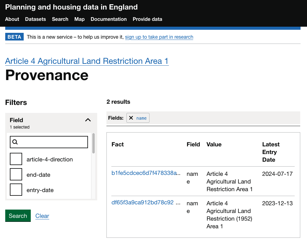 A screengrab of the fact page of the name field for our example Barnet Article 4 direction area on planning.data.gov.uk