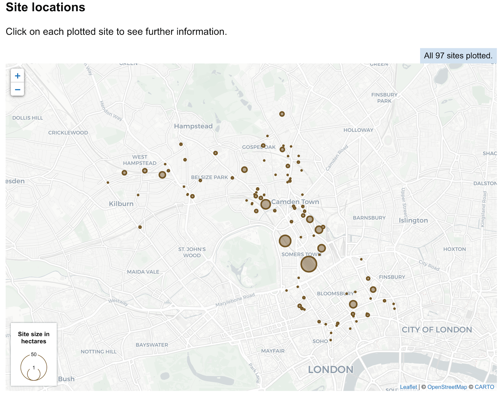 A screenshot of Camden's brownfield sites plotted on a map
