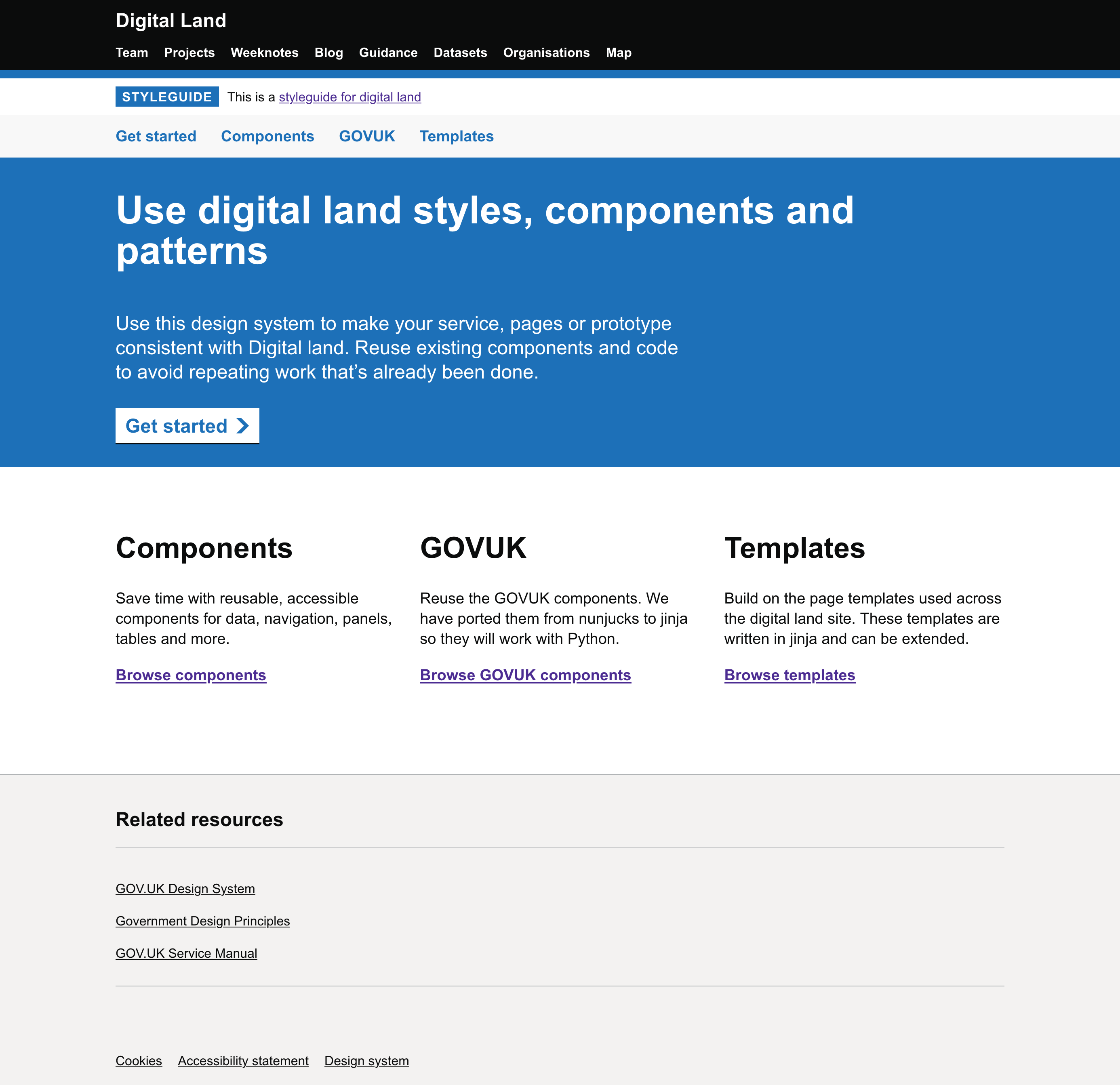 A screenshot of the landing page for the design system